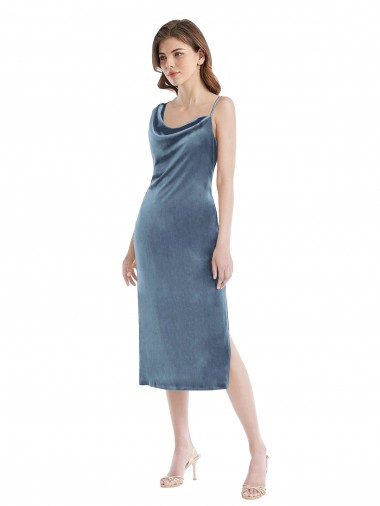 Long Sleeveless Stretch Velvet Dusty Blue Sheath Semi Formal Evening Dress / Prom Dress / Bridesmaid Dress Colchester
