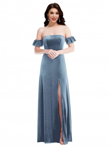 Long Ruffle Sleeves Stretch Velvet Dusty Blue A-Line Formal Dress / Bridesmaid Dress Colchester
