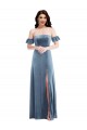 Long Ruffle Sleeves Stretch Velvet Dusty Blue A-Line Formal Dress / Bridesmaid Dress Colchester