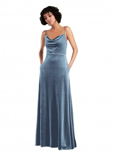 Long Sleeveless Stretch Velvet Dusty Blue Cowl Neck Sheath Semi Formal Evening Dress / Prom Dress / Bridesmaid Dress Colchester