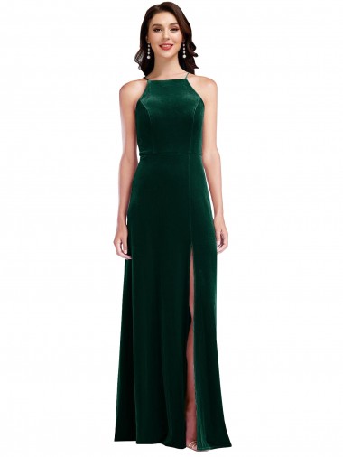 Long Sleeveless Stretch Velvet Dark Green A-Line Semi Formal Evening Dress / Prom Dress / Bridesmaid Dress Colchester