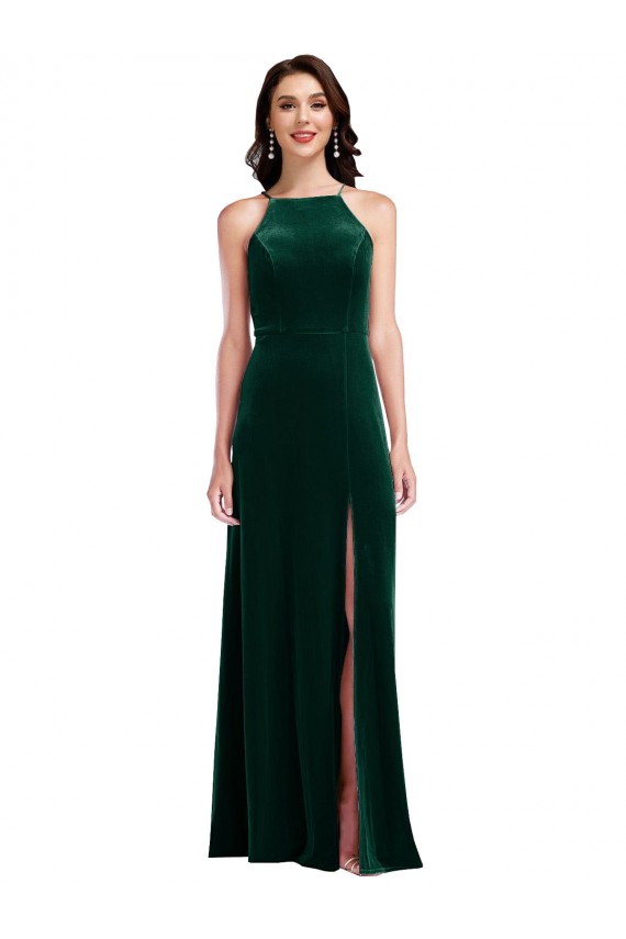 Long Sleeveless Stretch Velvet Dark Green A-Line Semi Formal Evening Dress / Prom Dress / Bridesmaid Dress Colchester