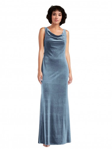 Long Sleeveless Stretch Velvet Dusty Blue Sheath Evening Dress / Bridesmaid Dress Colchester