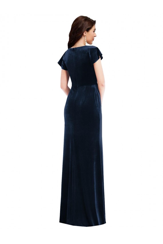 Long Flutter Sleeves Stretch Velvet Dark Navy A-Line Formal Dress / Bridesmaid Dress Colchester