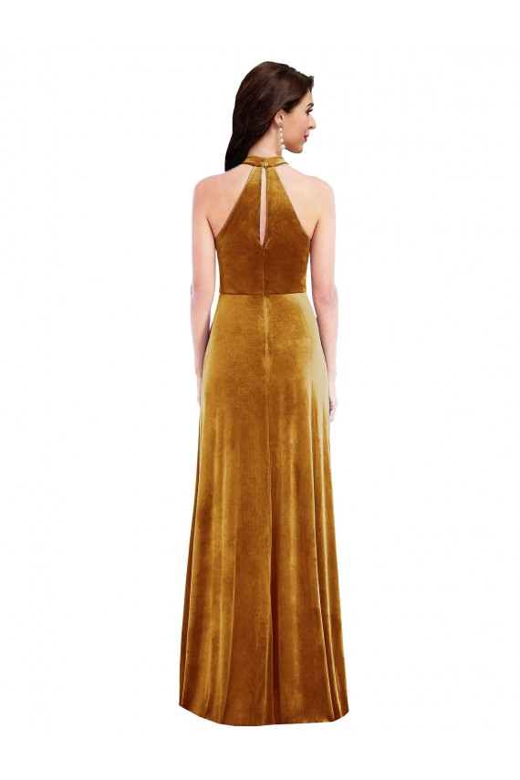 Long Sleeveless Stretch Velvet Gold Halter Neck Trumpet Semi Formal Evening Dress / Prom Dress / Bridesmaid Dress Colchester