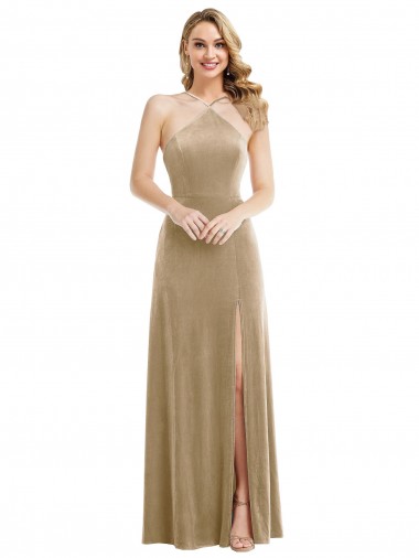 Long Sleeveless Stretch Velvet Champagne A-Line Semi Formal Evening Dress / Prom Dress / Bridesmaid Dress Colchester