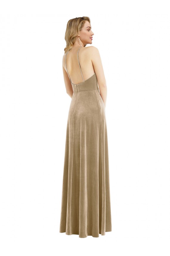 Long Sleeveless Stretch Velvet Champagne A-Line Semi Formal Evening Dress / Prom Dress / Bridesmaid Dress Colchester