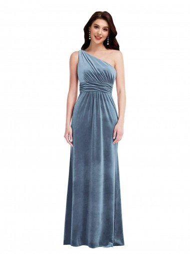 Long Sleeveless Stretch Velvet Dusty Blue A-Line Bridesmaid Dress / Evening Dress Colchester