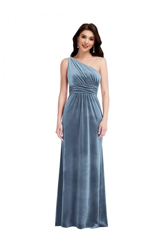 Long Sleeveless Stretch Velvet Dusty Blue A-Line Bridesmaid Dress / Evening Dress Colchester