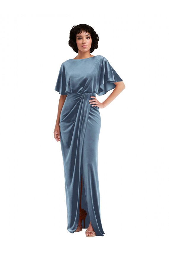 Long Flutter Sleeves Stretch Velvet Dusty Blue Sheath Semi Formal Evening Dress / Prom Dress / Bridesmaid Dress Colchester