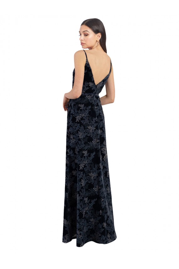 Long Sleeveless Floral Velvet & Stretch Velvet Dark Navy A-Line Bridesmaid Dress Colchester