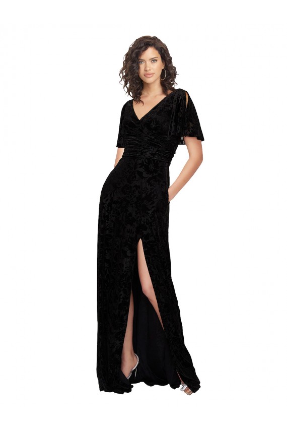 Long Short Split Sleeves Floral Velvet & Stretch Velvet Black A-Line Bridesmaid Dress Colchester