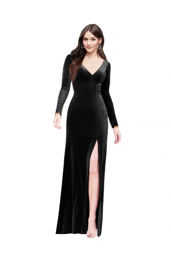 Long Long Sleeves Stretch Velvet Black Column Formal Evening Gown / Prom Dress / Bridesmaid Dress Colchester