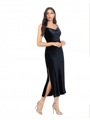 Midi Length Sleeveless Stretch Velvet Dark Navy Column Formal Evening Gown / Prom Dress / Bridesmaid Dress Colchester