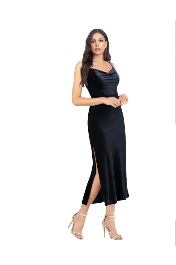 Midi Length Sleeveless Stretch Velvet Dark Navy Column Formal Evening Gown / Prom Dress / Bridesmaid Dress Colchester