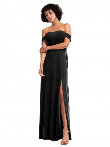 Long Sleeveless Stretch Velvet Black Off the Shoulder A-Line Formal Evening Gown / Prom Dress / Bridesmaid Dress Colchester