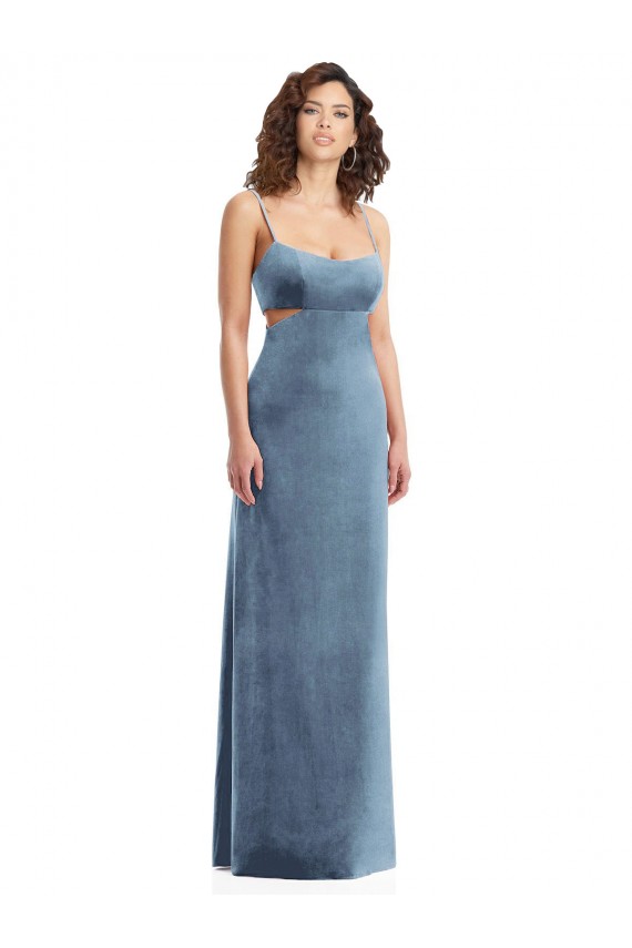 Long Sleeveless Stretch Velvet Dusty Blue Square Neck Sheath Formal Evening Gown / Prom Dress / Bridesmaid Dress Colchester