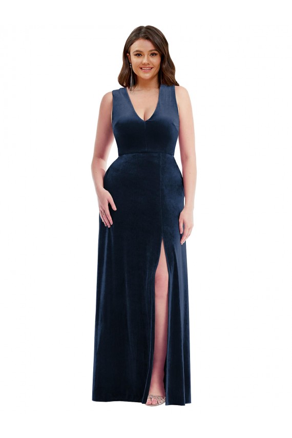 Long Sleeveless Stretch Velvet Dark Navy Sheath Formal Plus Size Evening Gown / Prom Dress / Bridesmaid Dress Colchester
