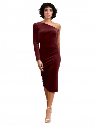 Midi Length Long Sleeves Stretch Velvet Burgundy A-Line Black Tie Prom Dress / Bridesmaid Dress Colchester