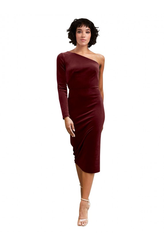 Midi Length Long Sleeves Stretch Velvet Burgundy A-Line Black Tie Prom Dress / Bridesmaid Dress Colchester