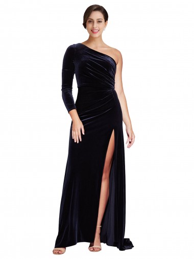 Sweep Train Long Sleeves Stretch Velvet Dark Navy A-Line Formal Evening Gown / Prom Dress / Bridesmaid Dress Colchester