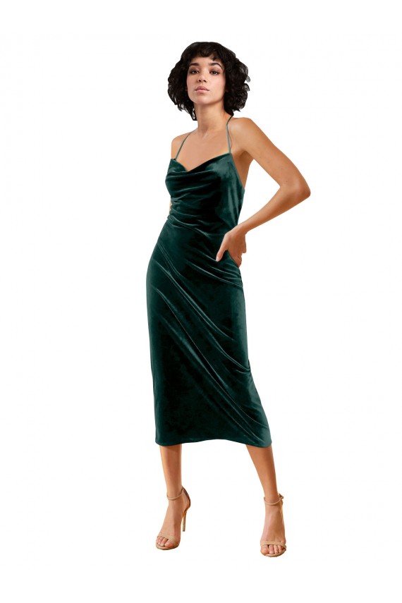 Midi Length Sleeveless Stretch Velvet Dark Green Sheath Formal Dress / Bridesmaid Dress Colchester