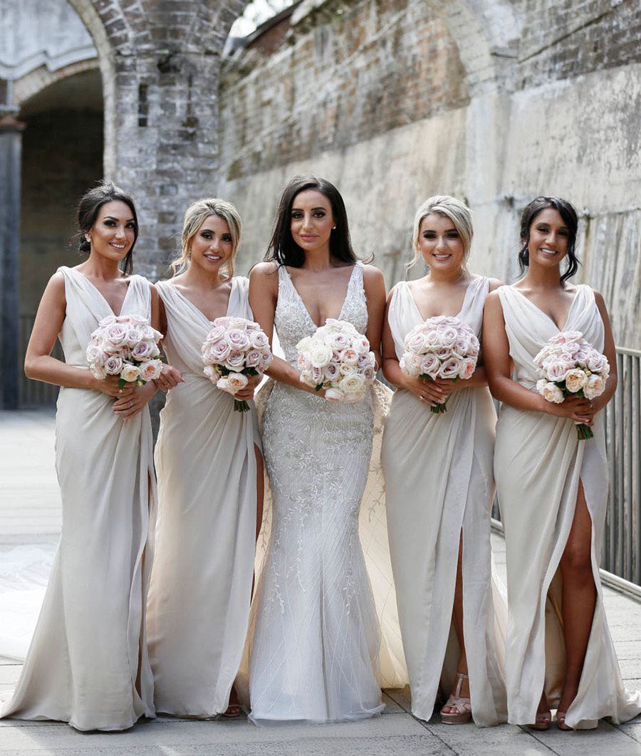 Full Length Luxe Chiffon Long Champagne bridesmaid dresses Colchester with Sexy High Slit and Front Ruffles