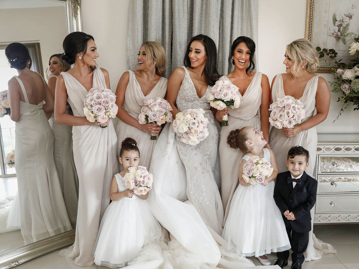 Full Length Luxe Chiffon Long Champagne bridesmaid dresses Colchester with Sexy High Slit and Front Ruffles