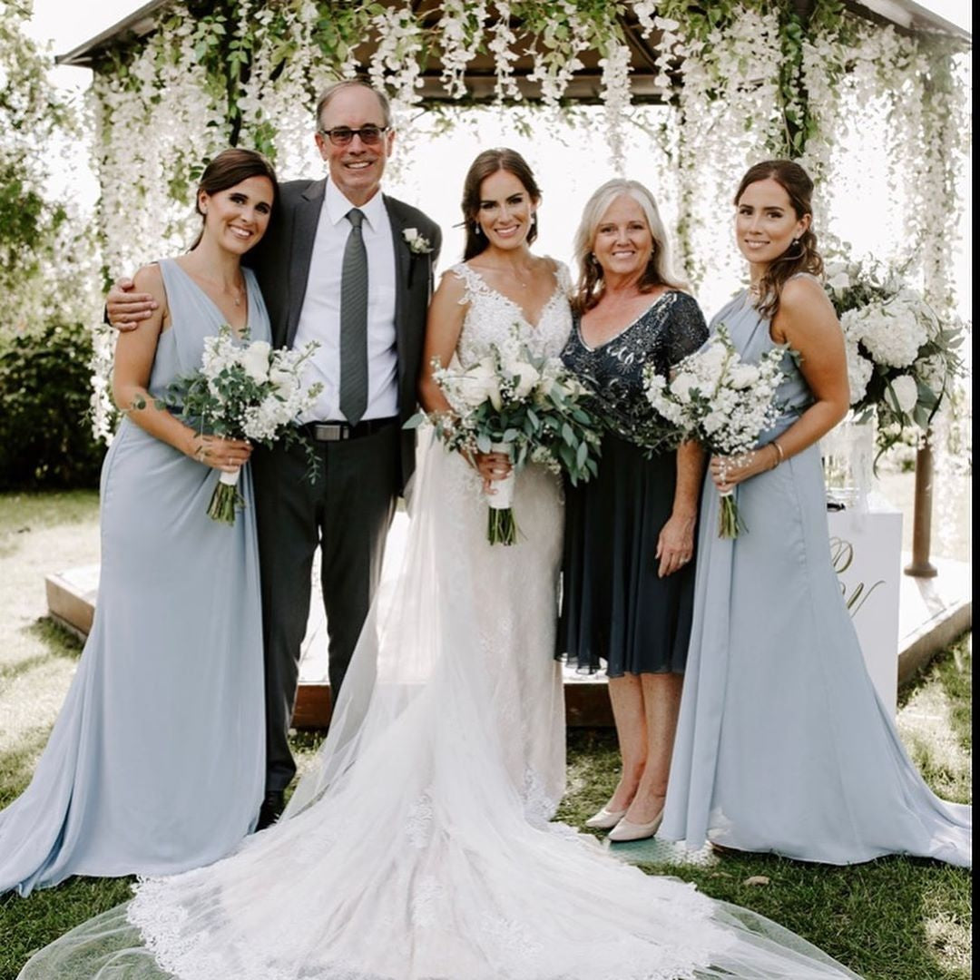Dusty Blue Full Length Luxe Chiffon Long Champagne bridesmaid dresses Colchester with Sexy High Slit and Front Ruffles