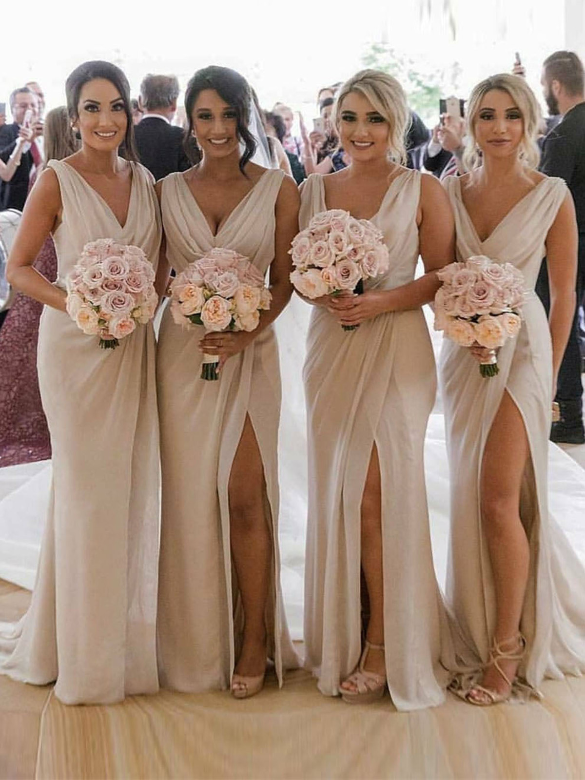 Champagne Full Length Luxe Chiffon Long Champagne bridesmaid dresses Colchester with Sexy High Slit and Front Ruffles